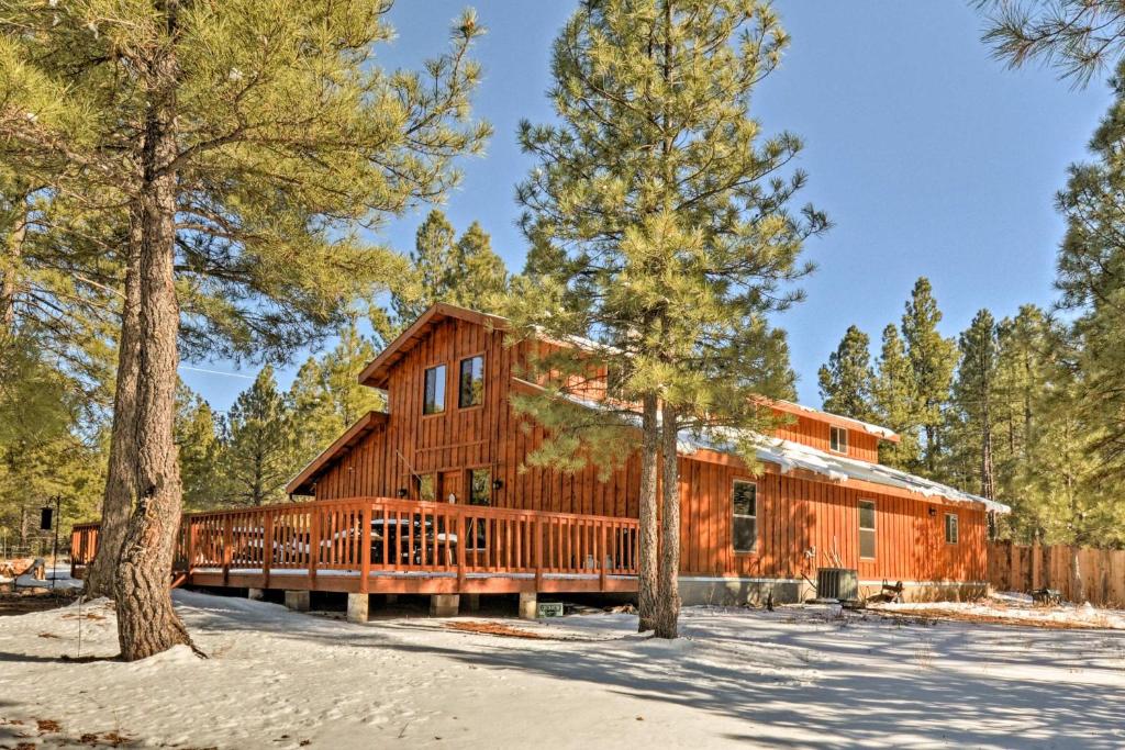 a log cabin in the woods with trees at Flagstaff Cabin on 5 Acres with Fireplace and Fire Pit in Flagstaff