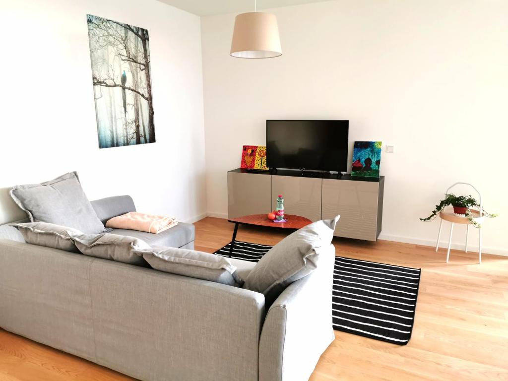 een woonkamer met een bank en een tv bij Apartment am Belvedere Vienna in Wenen