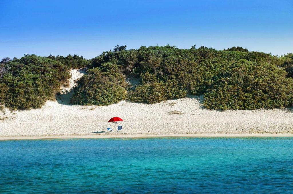 una spiaggia con ombrellone rosso e sedia di Camping Torre Castiglione a Torre Lapillo