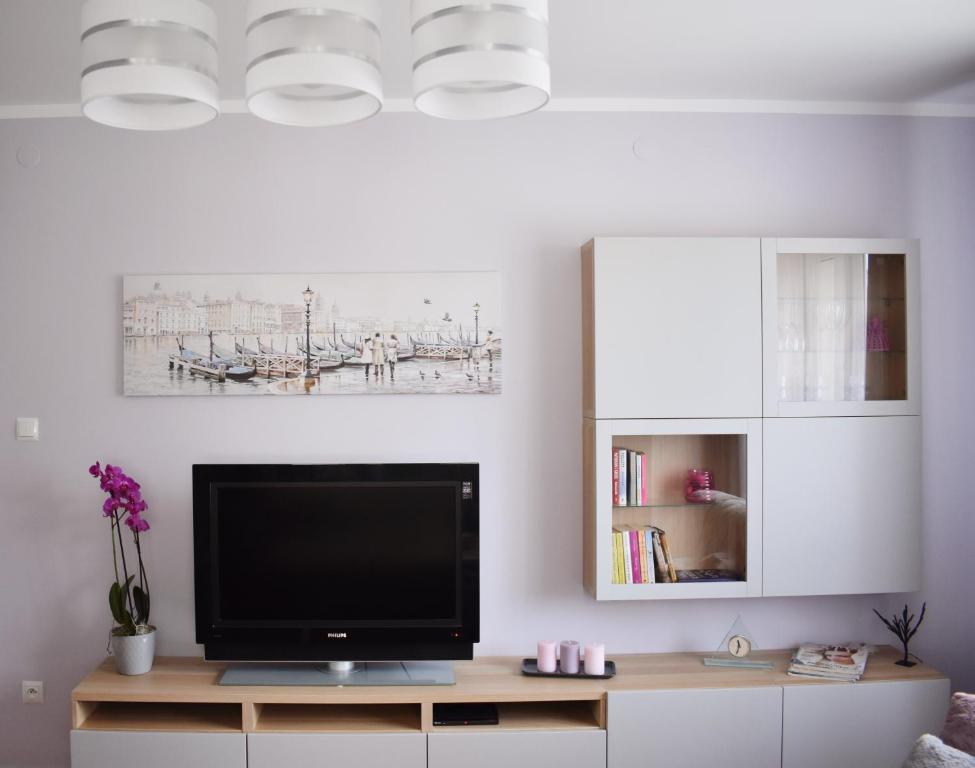 una sala de estar con TV de pantalla plana en un armario en Cozy apartment in Tarnow, en Tarnów