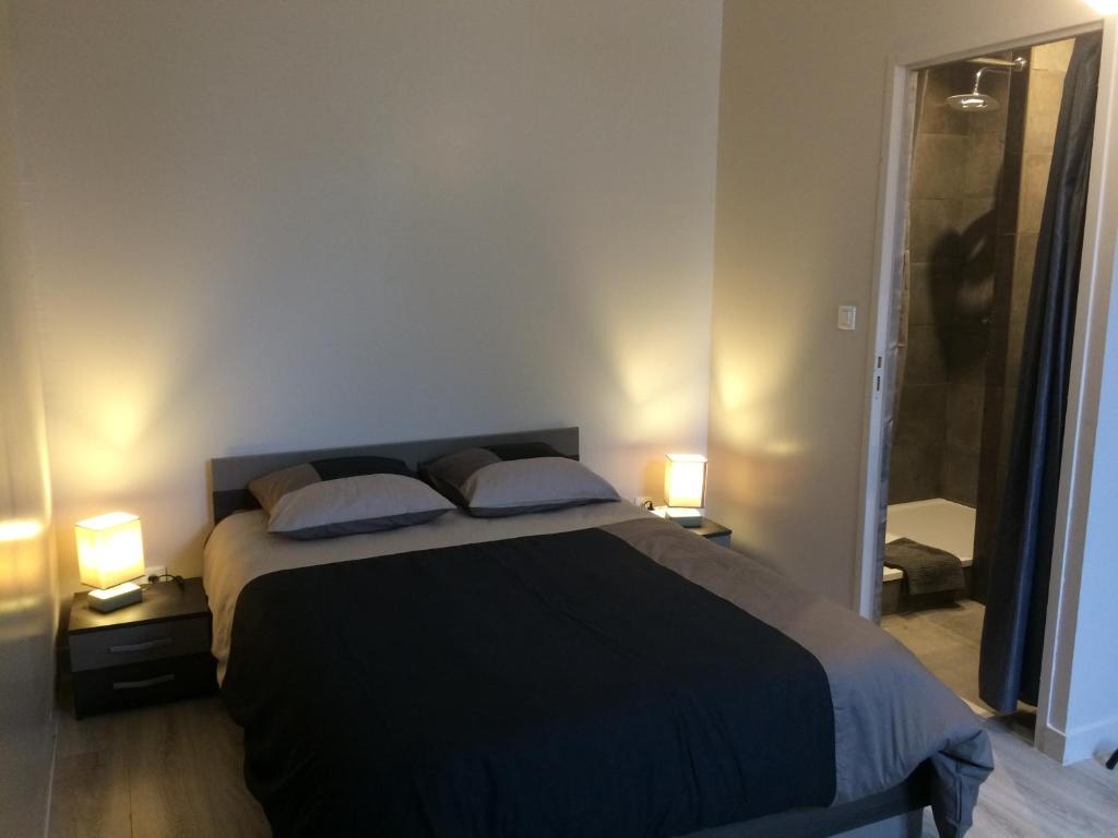 a bedroom with a bed with two lamps and a shower at STUDIO proche gare avec kitchenette et wifi - porte rouge in Thiviers