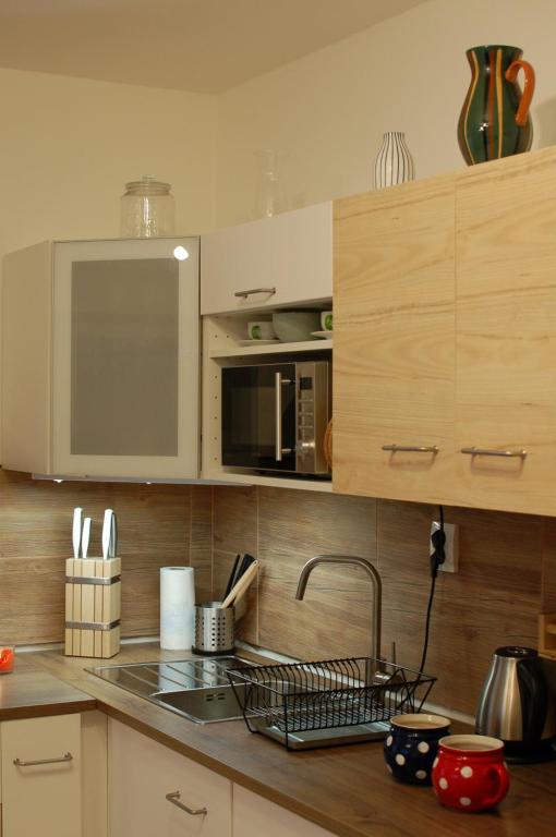 a kitchen with a sink and a microwave at Apartman Masaryk in Lipova Lazne