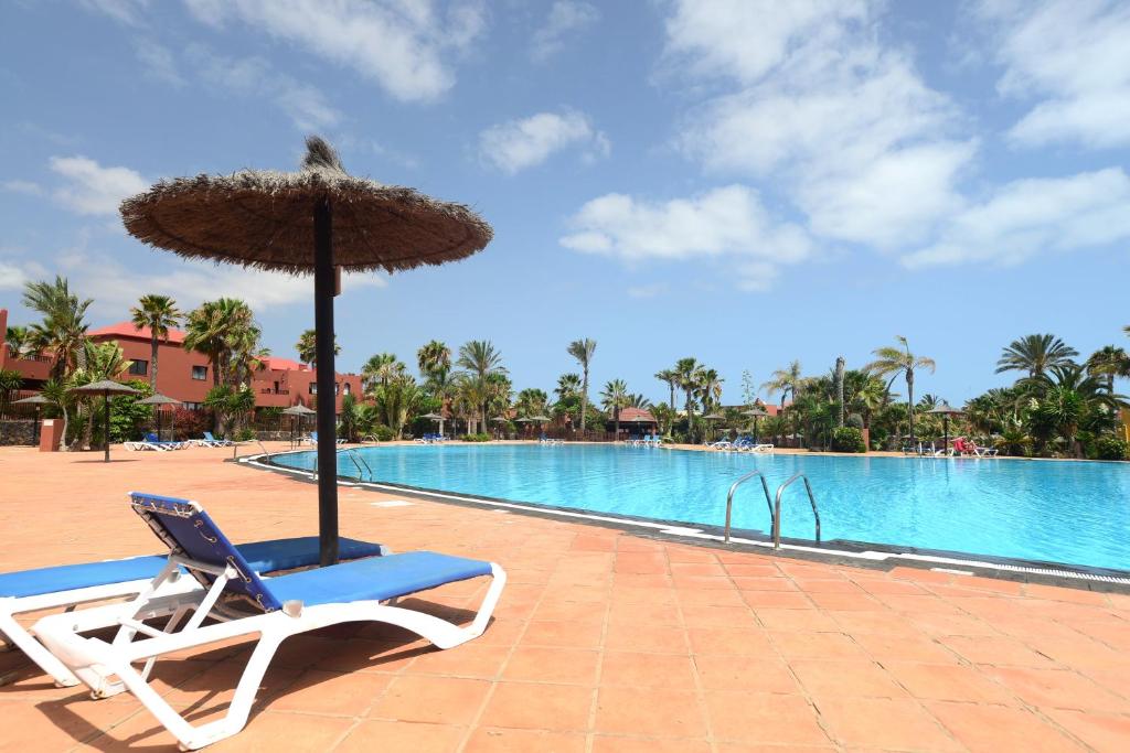 a chair and an umbrella next to a swimming pool at Apartamento Oasis Tamarindo Vista Al Mar in Corralejo
