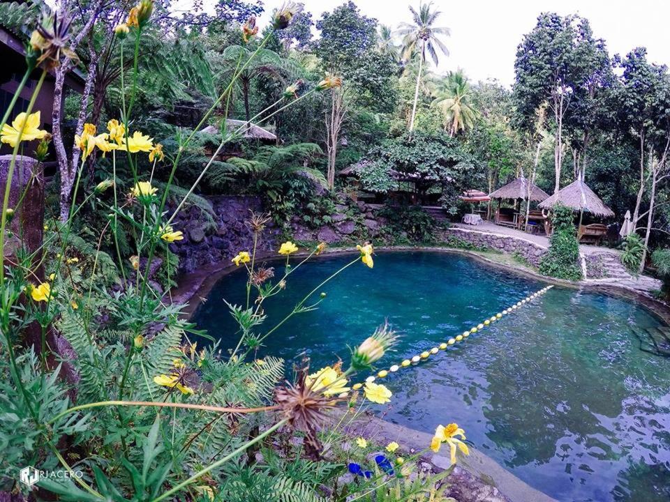 a pool in the middle of a garden with flowers at Pulangbato Falls Mountain Resort in Dumaguete