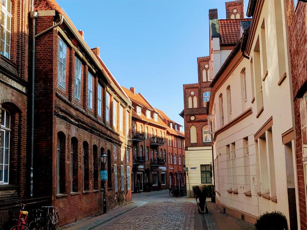 eine Gasse mit Gebäuden und Menschen, die eine Straße hinuntergehen in der Unterkunft LüneMitte - An der Münze in Lüneburg