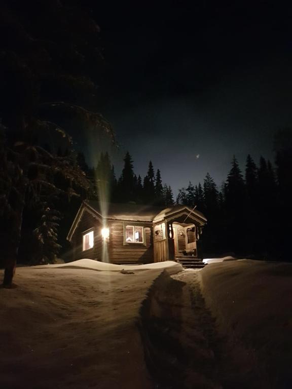 a wooden cabin in the snow at night at Liten timmerstuga i Sälen in Sälen