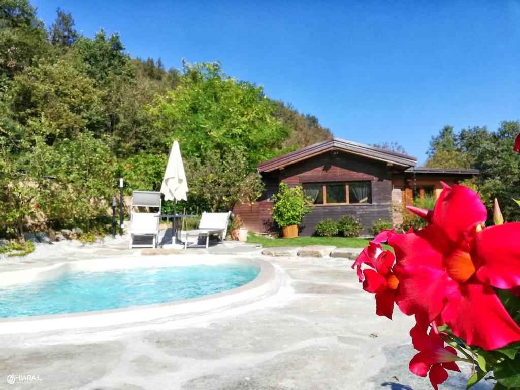 una casa con piscina y una flor roja en Casetta nel Bosco Naturas con piscina privata e gratuita en Rossana