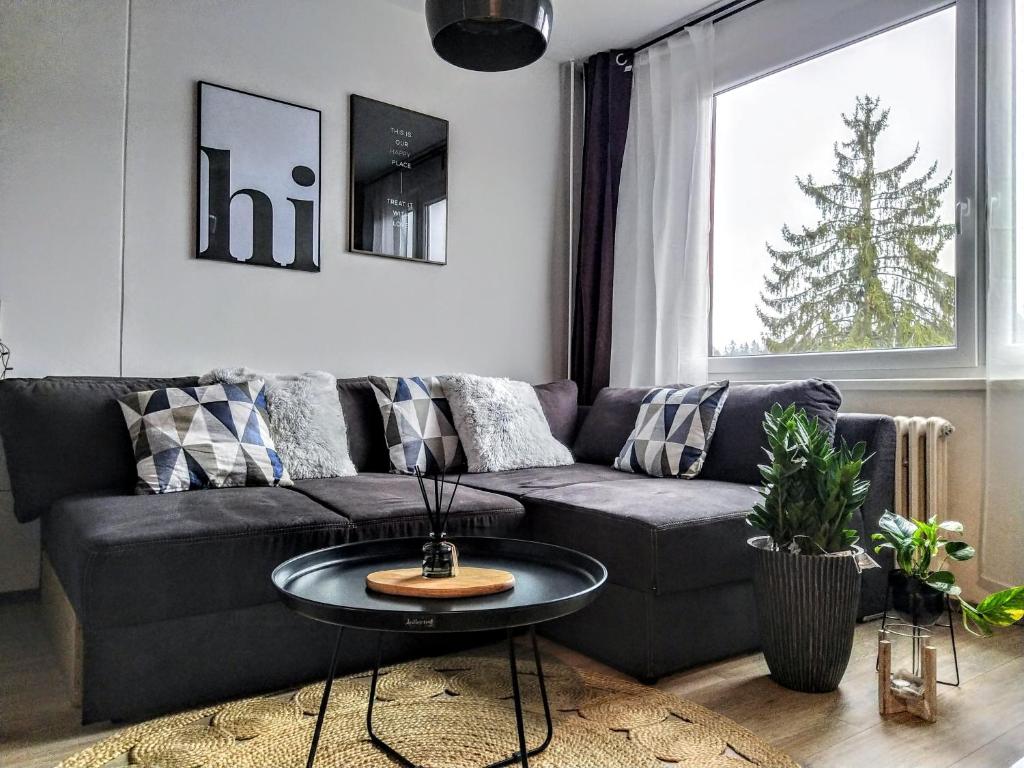 ein Wohnzimmer mit einem Sofa und einem Tisch in der Unterkunft Stylový apartmán přímo u lanovky, vlastní garážové stání in Janské Lázně