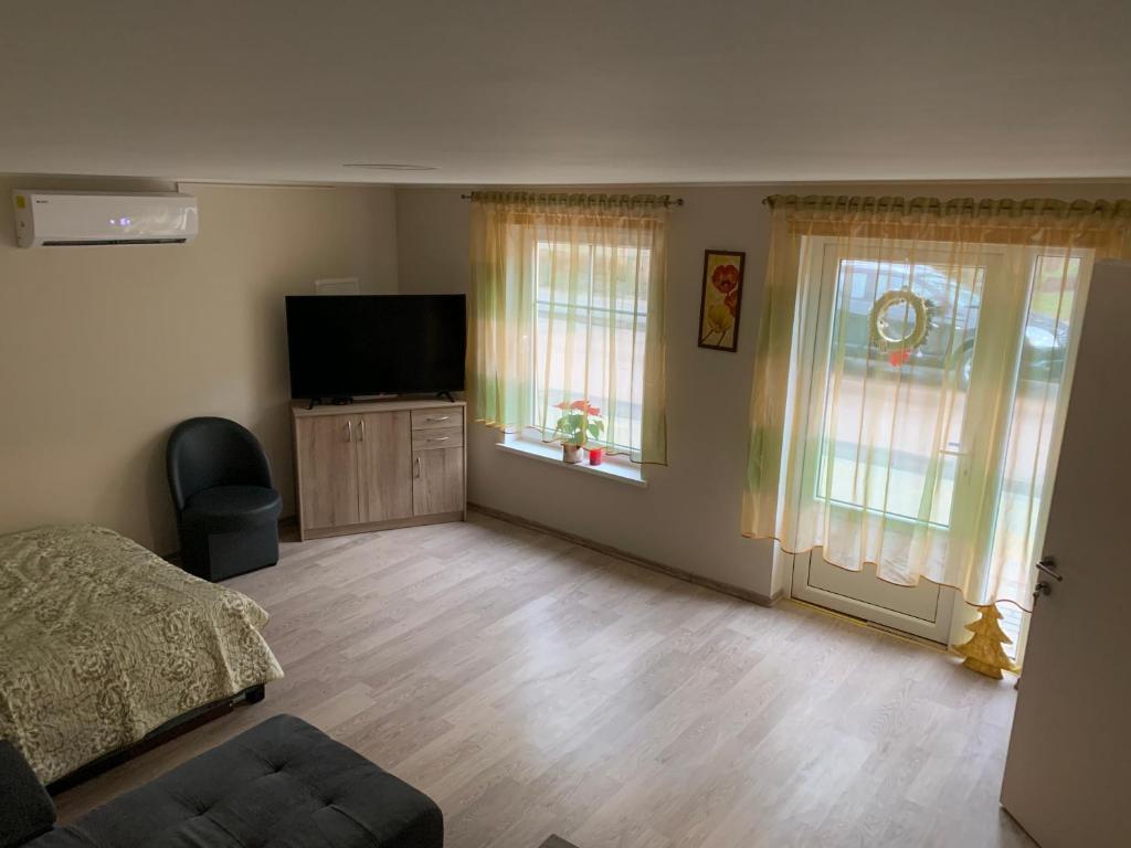 ein Wohnzimmer mit einem Bett und einem Flachbild-TV in der Unterkunft Rusnės Apartamentai in Rusnė