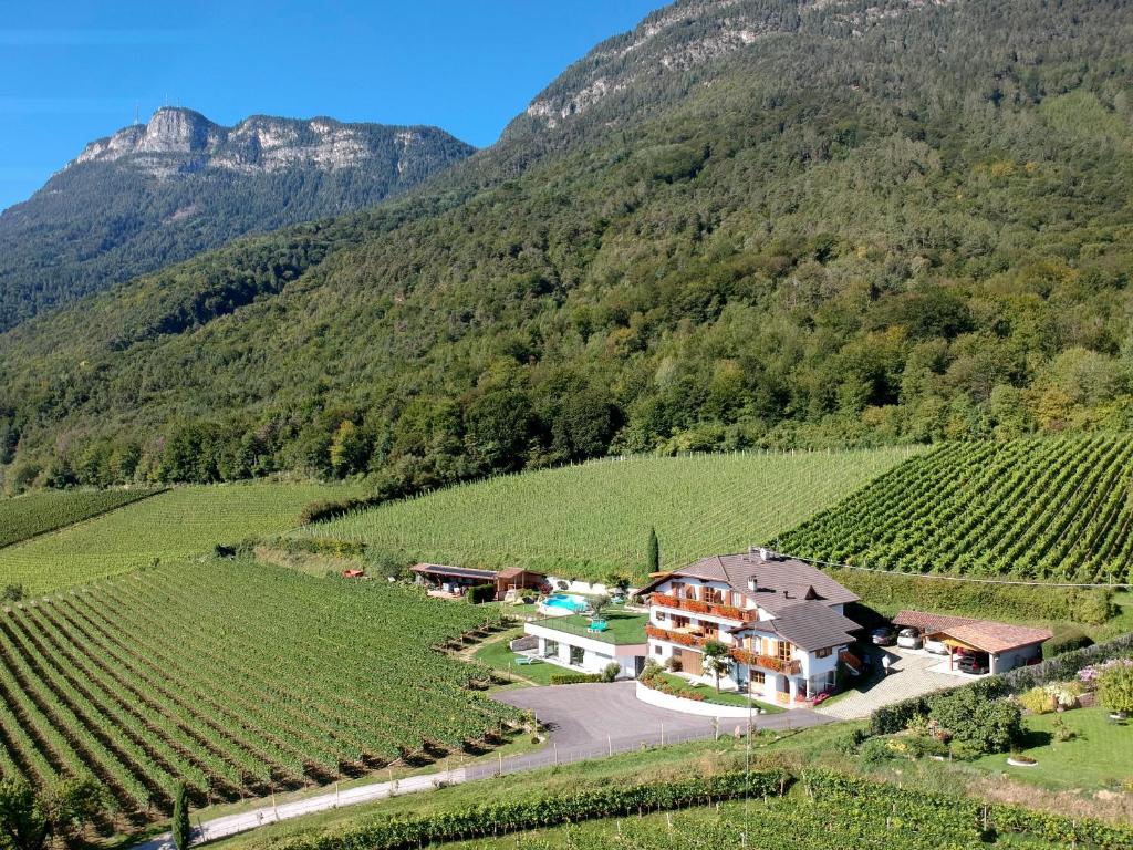 een luchtzicht op een huis in het midden van een berg bij Weingut Wolkanhof in Appiano sulla Strada del Vino