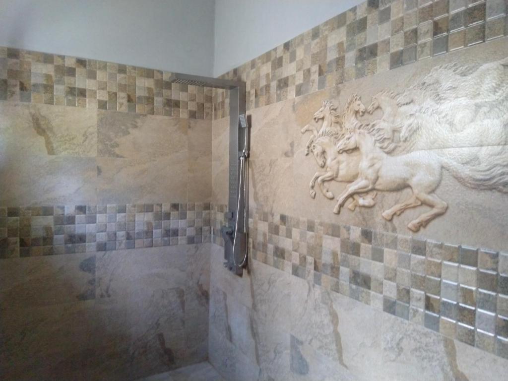 een badkamer met een douche met een reliëf van paarden bij sinhagiri hotel & restaurant in Tangalle