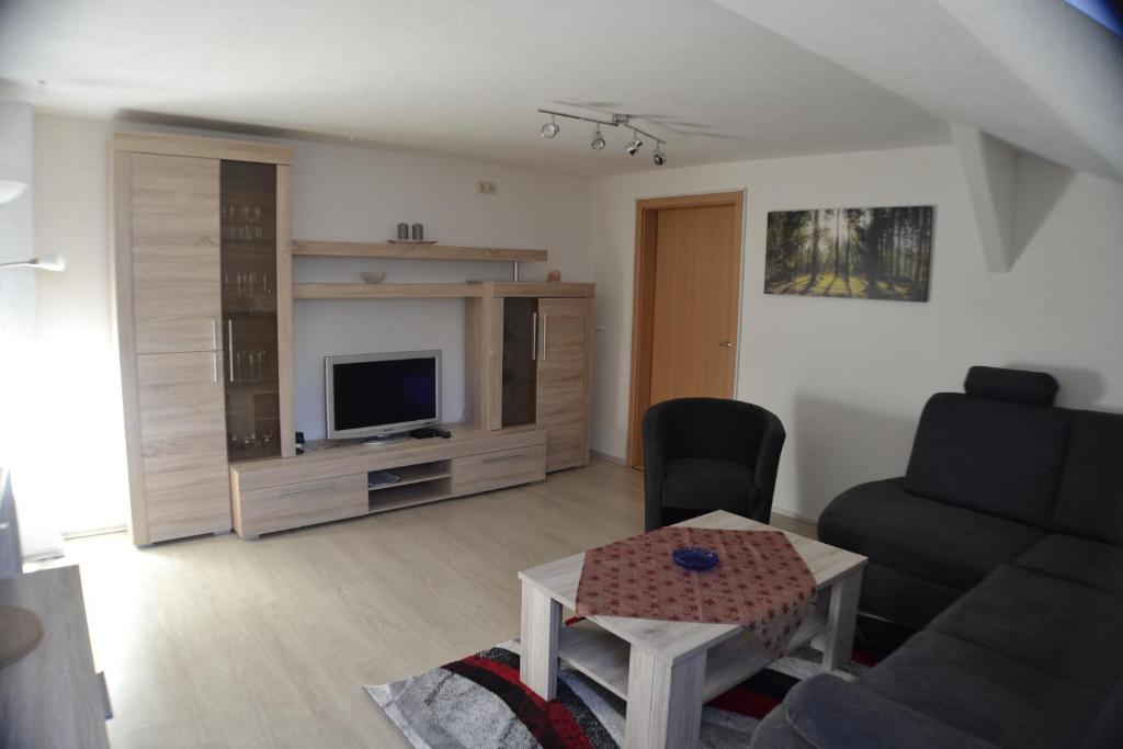 ein Wohnzimmer mit einem Sofa und einem TV in der Unterkunft Ferienwohnung im Alten Zollhaus in Kurort Oberwiesenthal