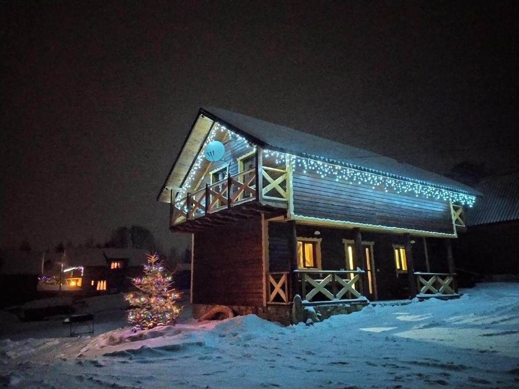 a house with christmas lights on it in the snow at Dobryi Hutsul 2 in Mykulychyn