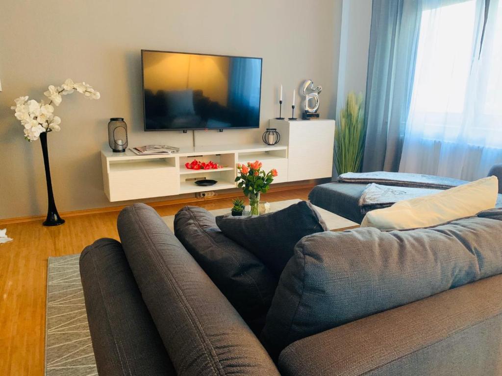ein Wohnzimmer mit einem Sofa und einem Flachbild-TV in der Unterkunft MH City Apartment Baden-Baden in Baden-Baden