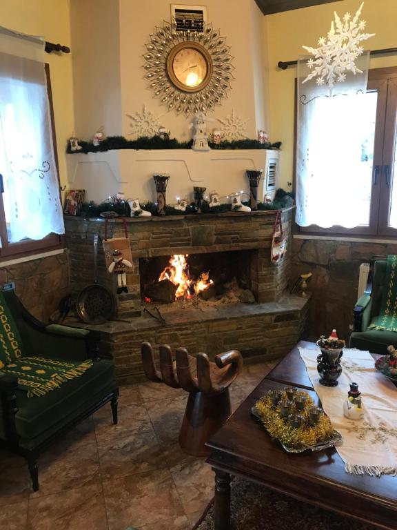 a living room with a fireplace and a table at Petropanagia in Elatochori