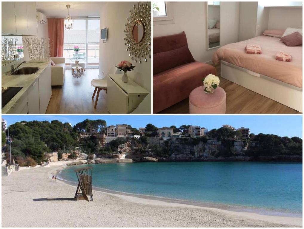 un collage de fotos de un dormitorio y una playa en Luxury suites, en Porto Cristo