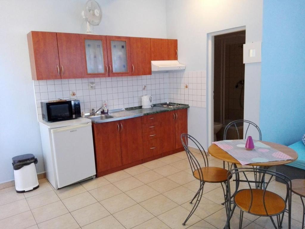 a kitchen with a table and a sink and a refrigerator at Dom štúdia Petra in Štúrovo