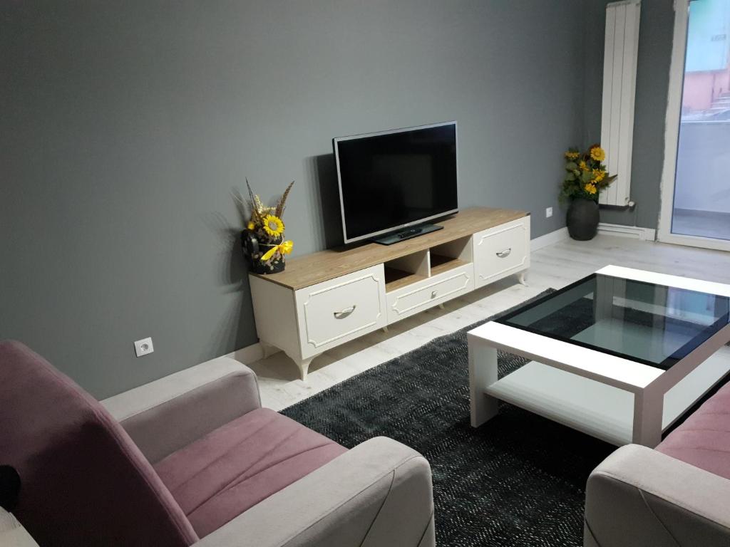 a living room with a tv and a coffee table at Meny Apartaments in Codlea