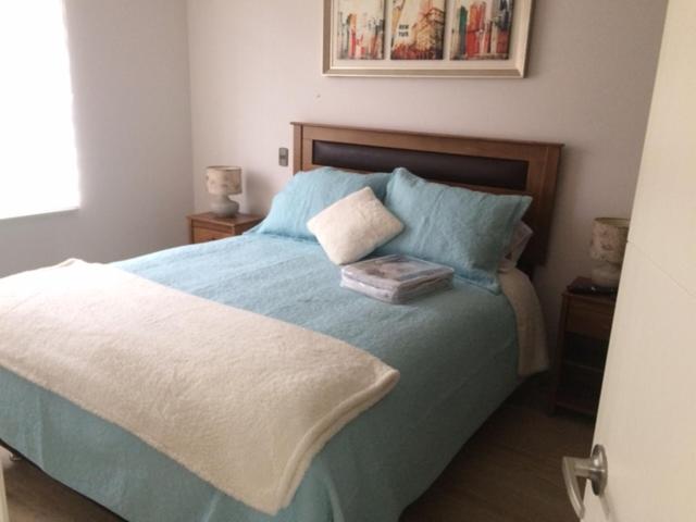 Schlafzimmer mit einem Bett mit blauer Bettwäsche und Kissen in der Unterkunft Apart Hotel R&P Depto B in Puerto Varas
