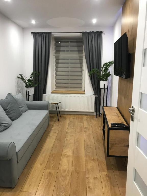 a living room with a couch and a window at Apartament Przy Promenadzie in Jelenia Góra