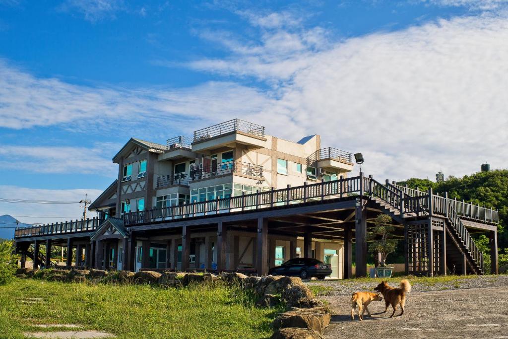 台東市的住宿－富麗灣景觀民宿，一座大房子,前面有一只狗