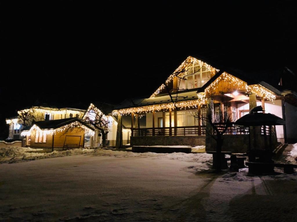 ヴェルホヴィナにあるCottage Familiyaの夜のクリスマスライトを飾った家