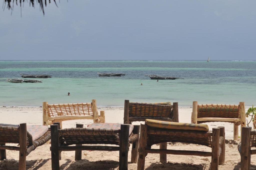 a group of wooden benches sitting on the beach at Mama Njoe Lodge in Kiwengwa