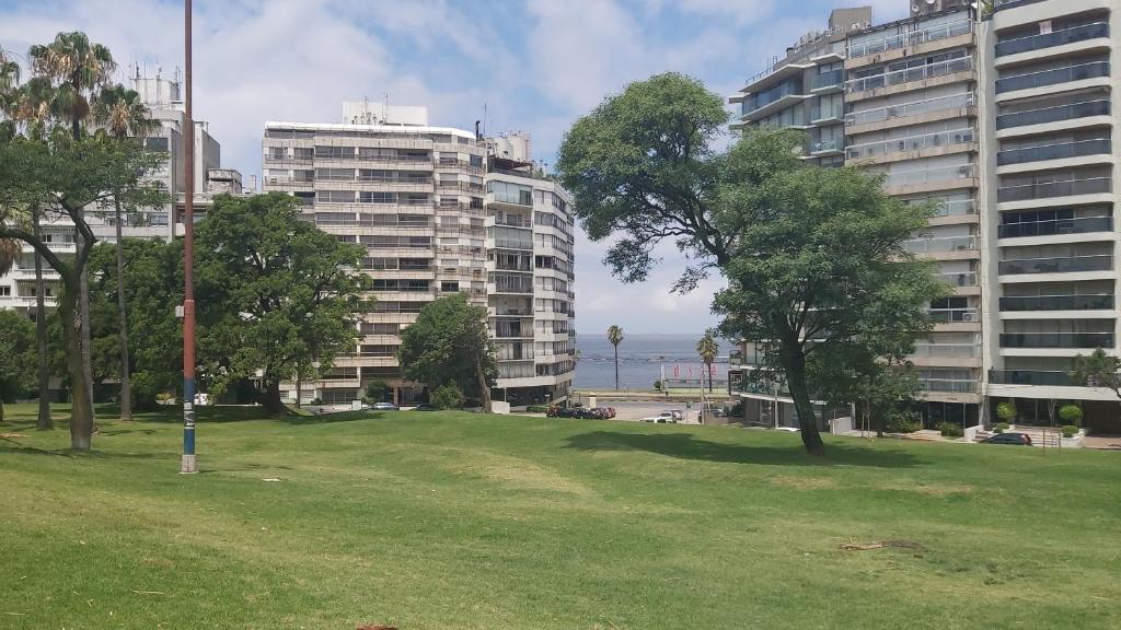 um parque com dois edifícios altos e um campo de relva em DepArt en Rambla Punta Carretas em Montevidéu