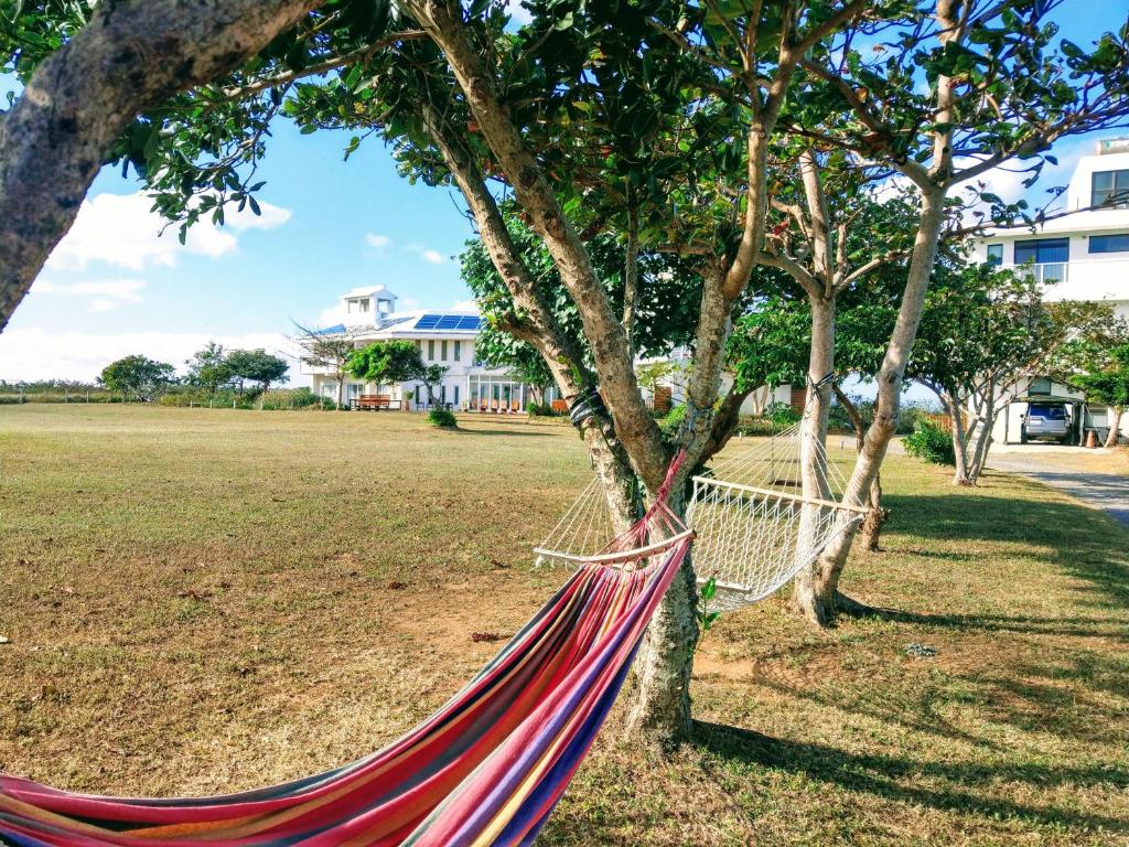 a hammock hanging from a tree in a park at Kenting COMIC B&amp;B in Hengchun South Gate