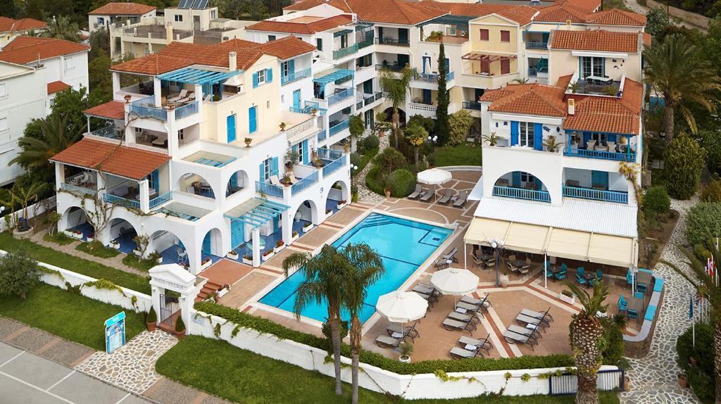 an aerial view of a house with a swimming pool at Nikis Village in Poros