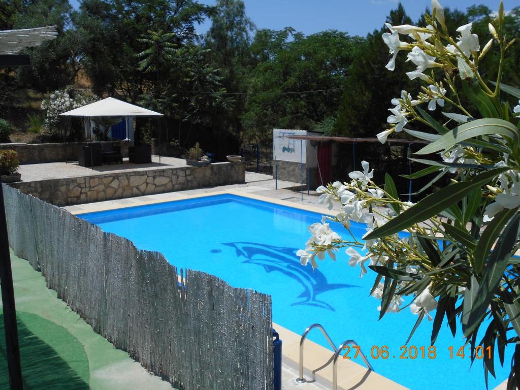 a swimming pool in a backyard with a fence at La Jaima in Prado del Rey