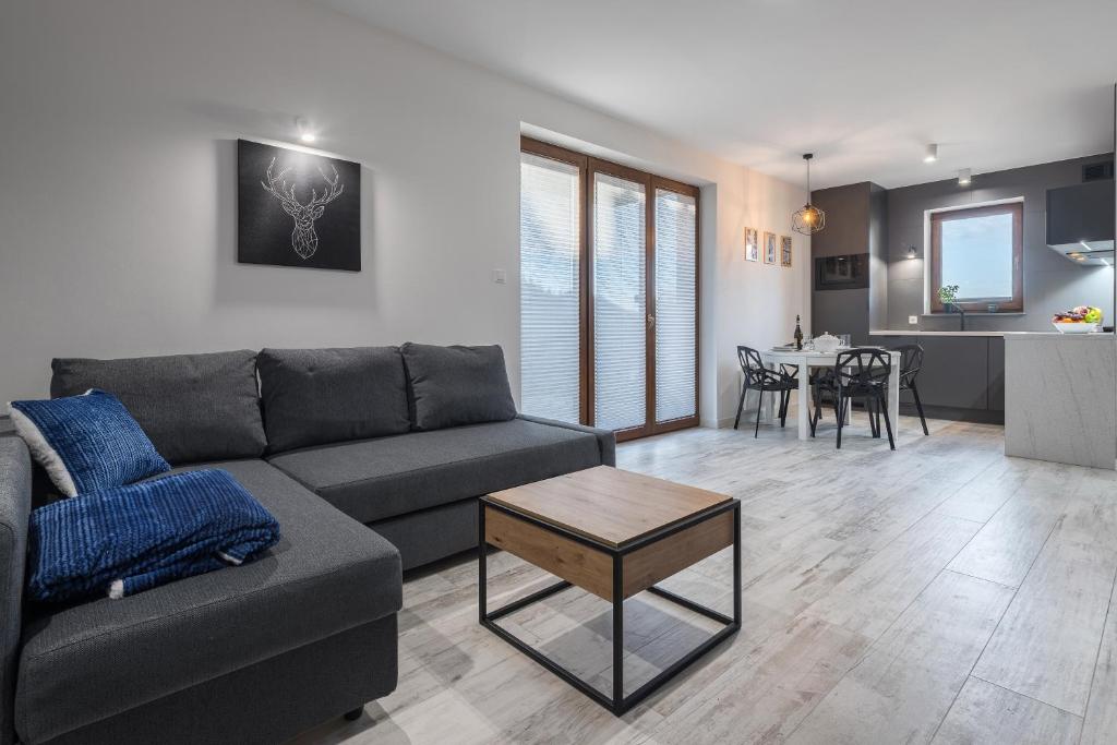 salon z kanapą i stołem w obiekcie Apartament Strumień w mieście Jaworki
