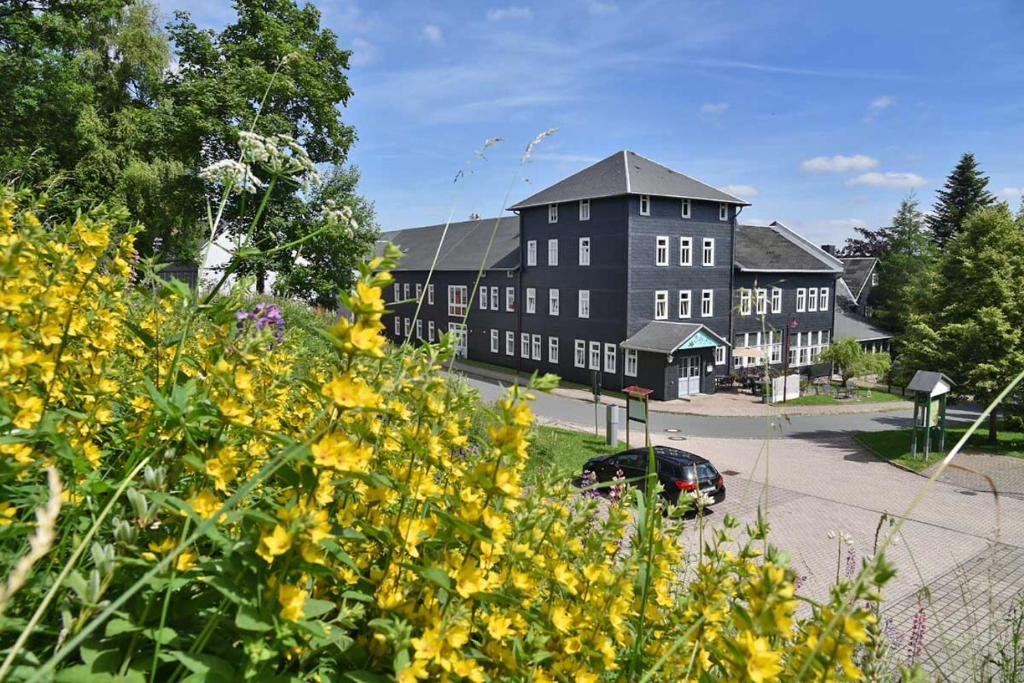 budynek z bandą żółtych kwiatów przed nim w obiekcie Apartments und Bistro Zum Glasmacher w mieście Gehlberg