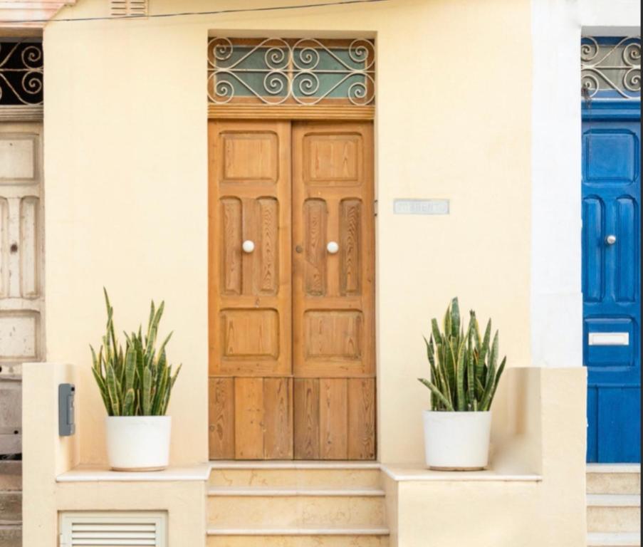 a wooden door on a house with two potted plants at Summer House in St Paul's Bay