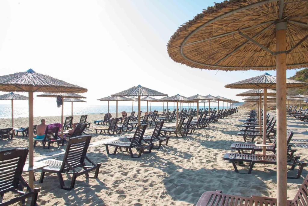 Marina White Sands Beach Hotel-All Inclusive في ابزور: صف من الكراسي والمظلات على الشاطئ