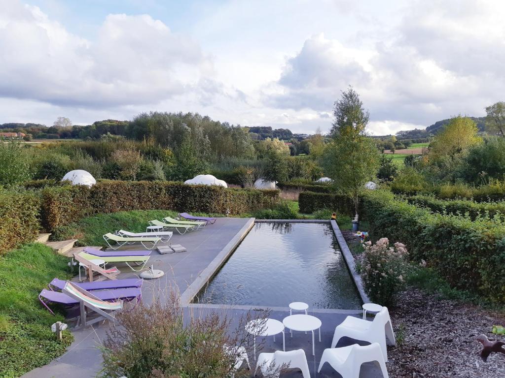 a pool with chairs and tables in a garden at Ecochique in Westouter