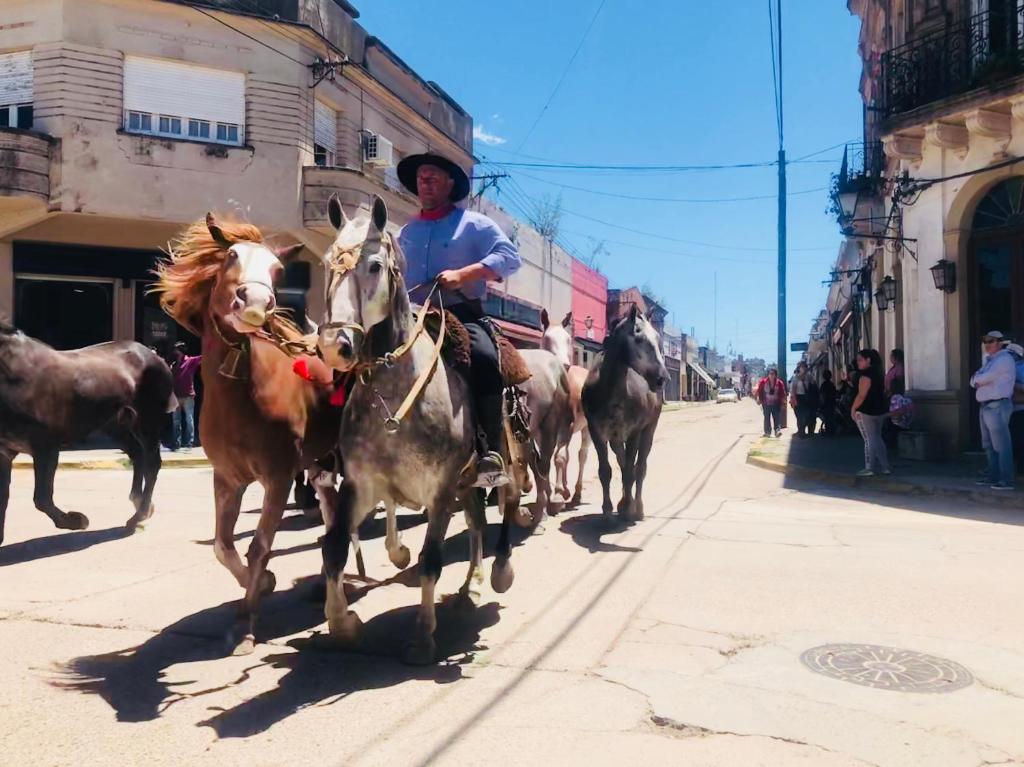 a man riding a horse down a street with other horses at House in San Antonio de Areco