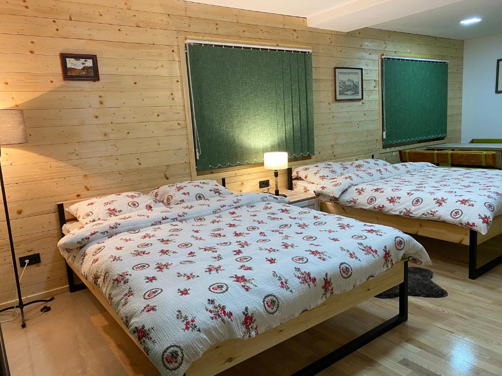 two beds in a room with wooden walls at Alexandar studio apartman in Mokra Gora