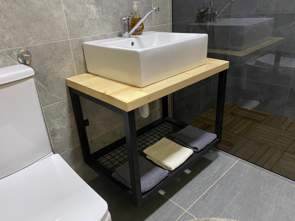 a bathroom with a white sink on a wooden stand at Alexandar studio apartman in Mokra Gora
