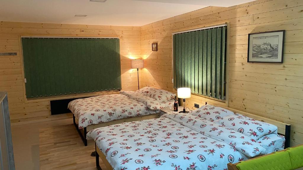 a bedroom with two beds and a greenboard at Alexandar studio apartman in Mokra Gora