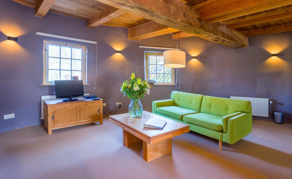 a living room with a green couch and a coffee table at Molen Hunsingo in Onderdendam