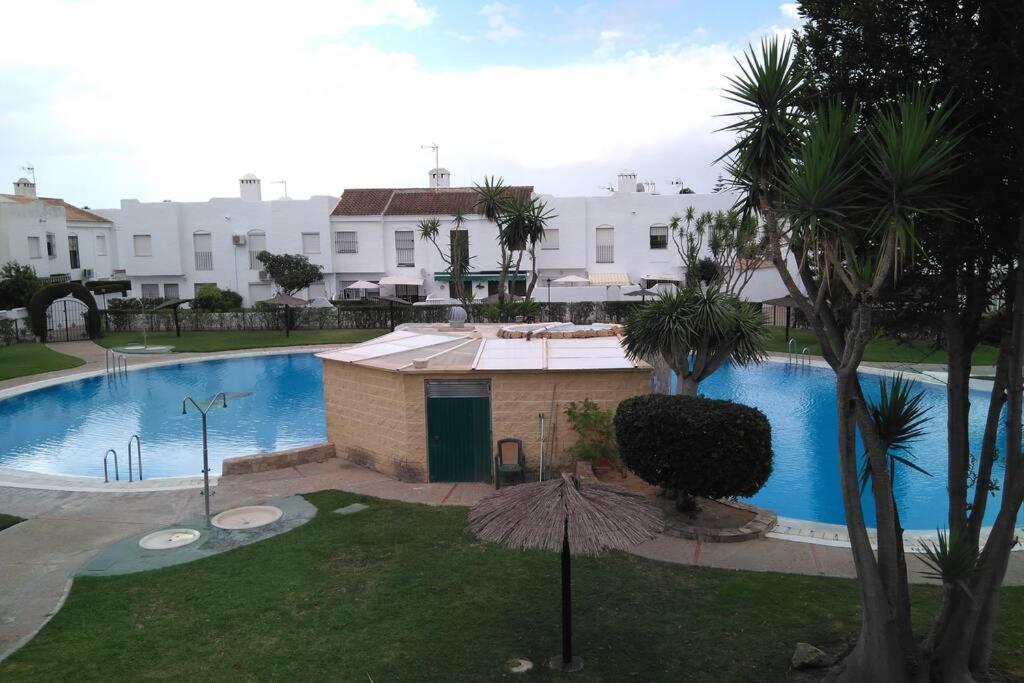 a large swimming pool with an umbrella in a yard at Alojamiento con piscina para grandes grupos in Chiclana de la Frontera