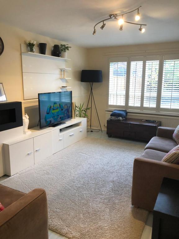 a living room with a couch and a tv at Deptfort House - 7 Minutes to London Bridge Station in London