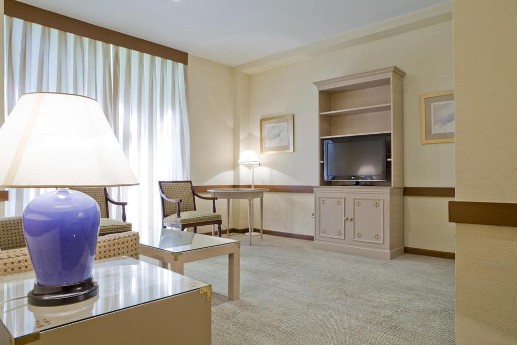 a hotel room with a couch and a tv at Espahotel Plaza Basílica in Madrid