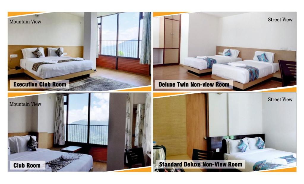 a collage of four pictures of a bedroom at Hotel Ninamma in Gangtok