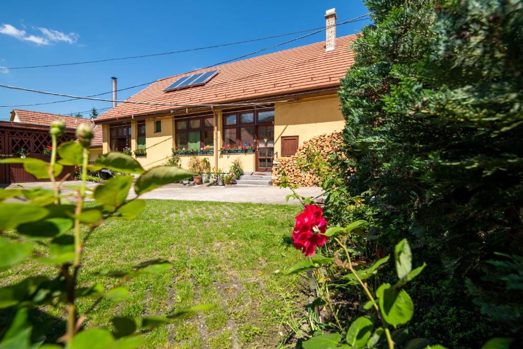 a house with a red flower in front of it at Vogel Ági Vendégháza in Visegrád