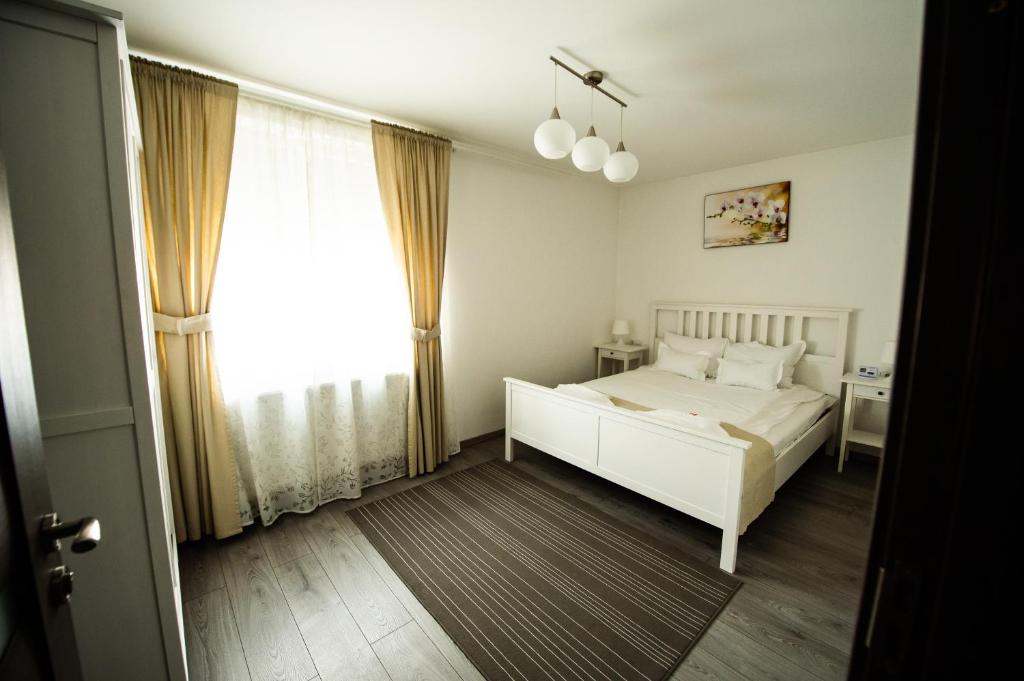 a bedroom with a white bed and a window at Montana Popa Boutique Studio in Blaj