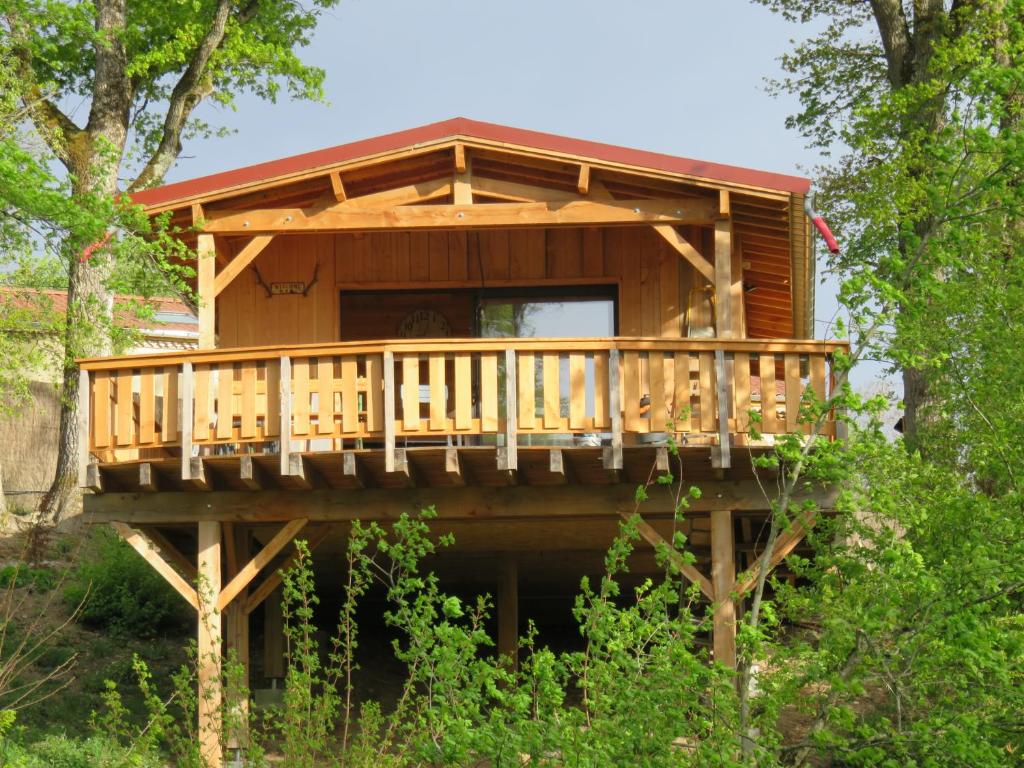 LES MATHIEUX la cabane du Parc في Bongheat: منزل شجرة مع سطح في الغابة