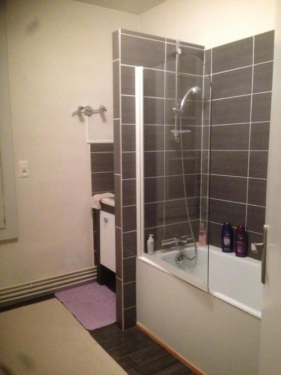 a bathroom with a shower with a glass door at L&#39;Ecrin in Villeneuve-sur-Lot