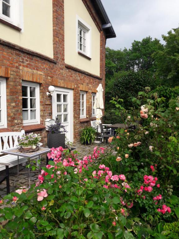 un jardín frente a una casa con flores rosas en Lavendel, en Steffenshagen